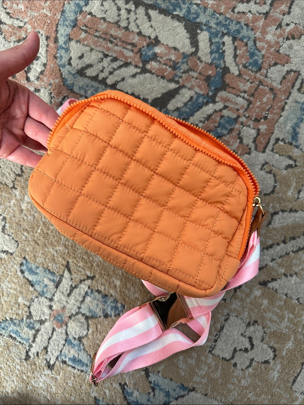 Kirklands Orange Quilted Crossbody Bag with Pink & White Strap - Picture 4 of 5